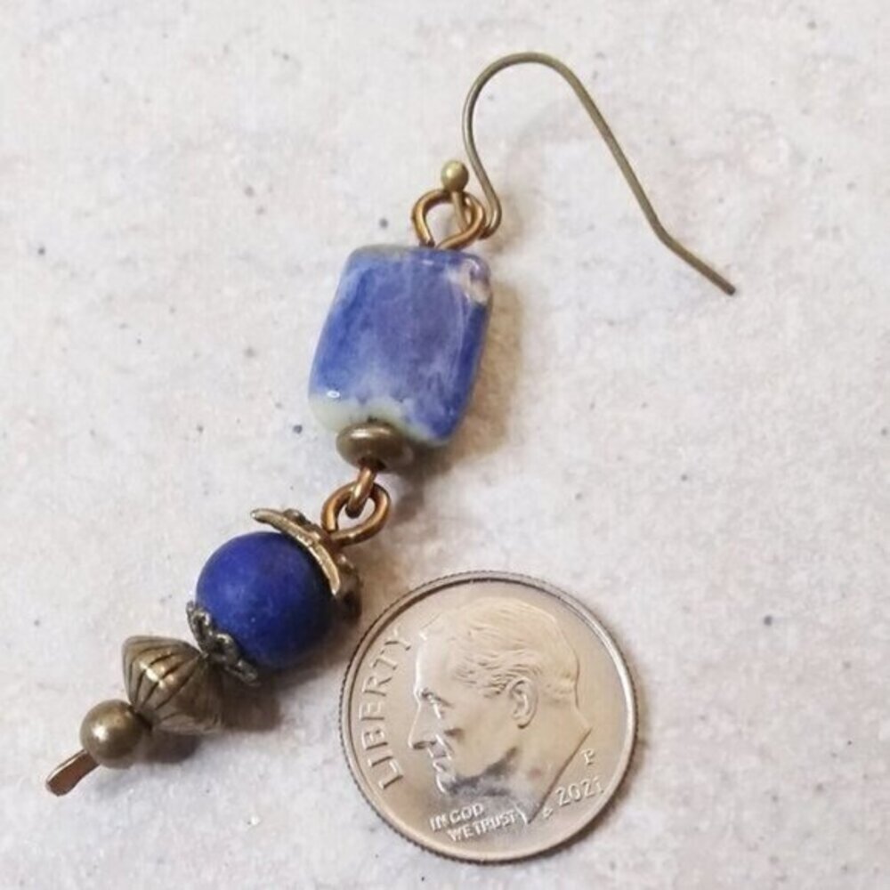 Blue Sodalite + Lapis Lazuli + Bronze ~ Handmade & One-of-a-kind Dangle Earrings - Picture 10 of 13